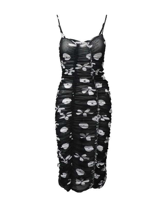 Bold Black-and-White Floral Ruched Midi Dress Date night midi dresses