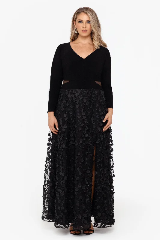 Plus "Aurora" V - Neck Long Sleeve Raised Flower Slit Dress Ruffled maxi dresses