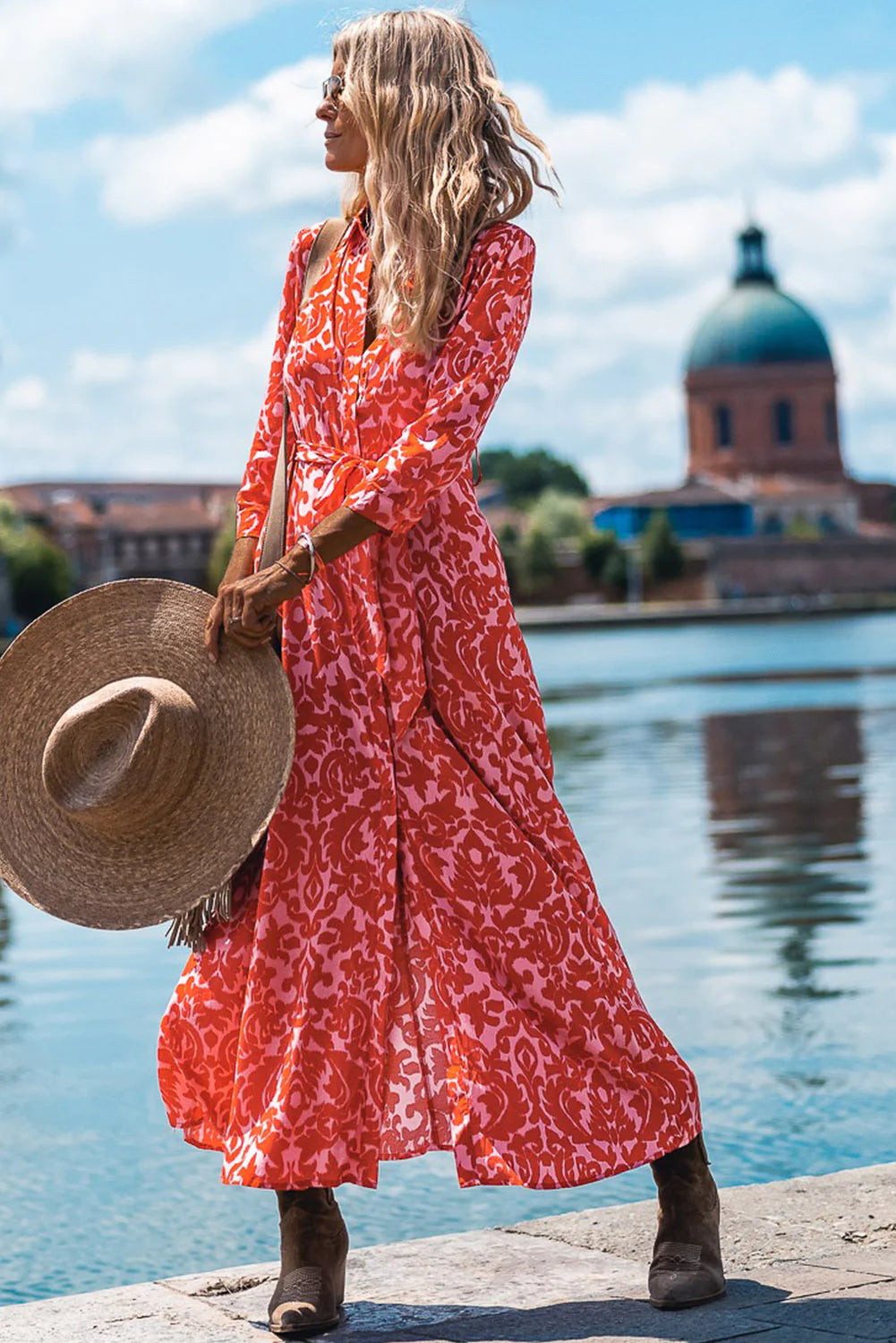 Western Vibes Stylish Red Print Tie Waist Maxi Dress High-end maxi dresses