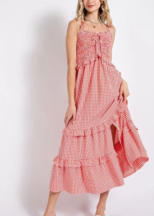 Red and White Gingham Tiered Maxi Western Dress Corset maxi dresses