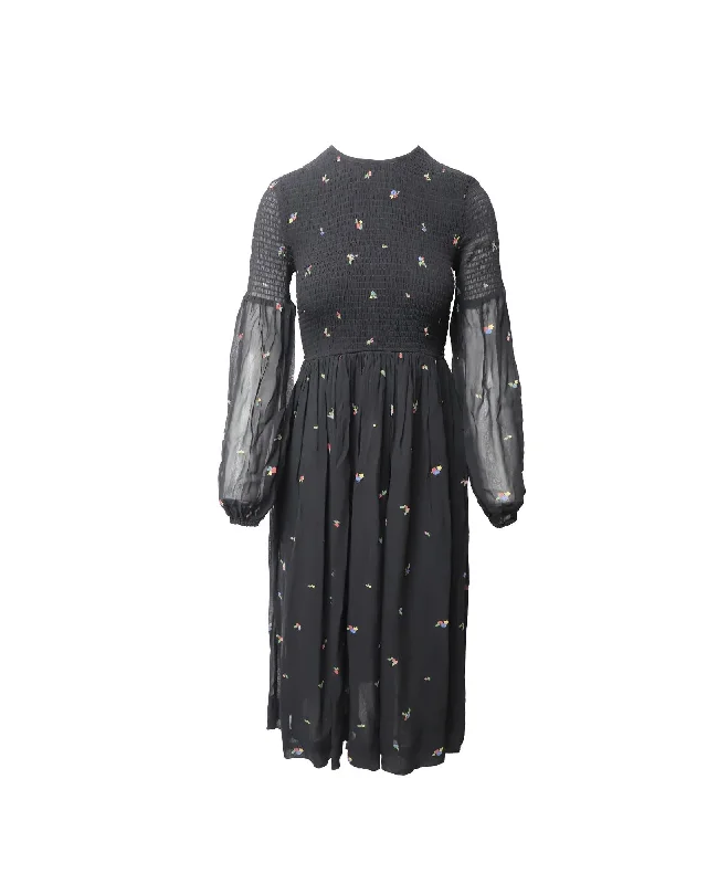 Floral-Print Georgette Midi Dress in Black Viscose Fashion-forward midi dresses