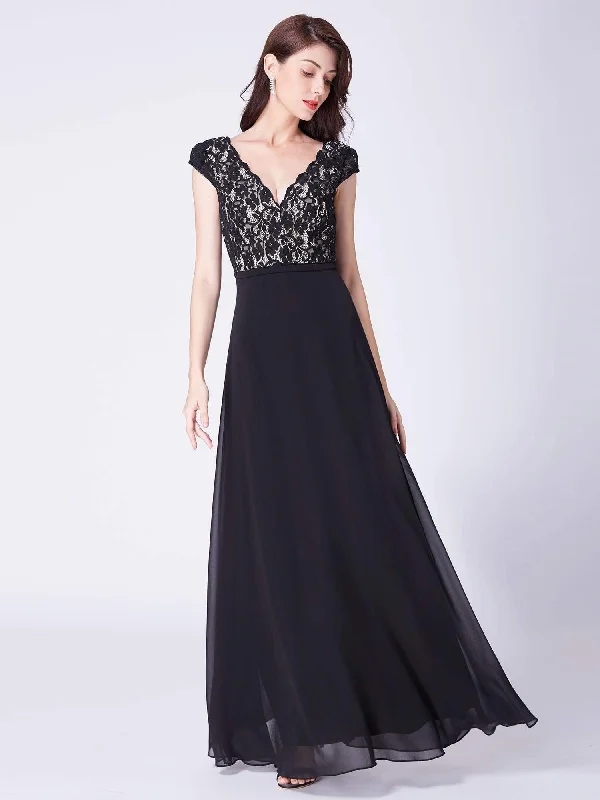 Lace Cap Sleeves Maxi Long Evening Dress for Women Chiffon party dresses