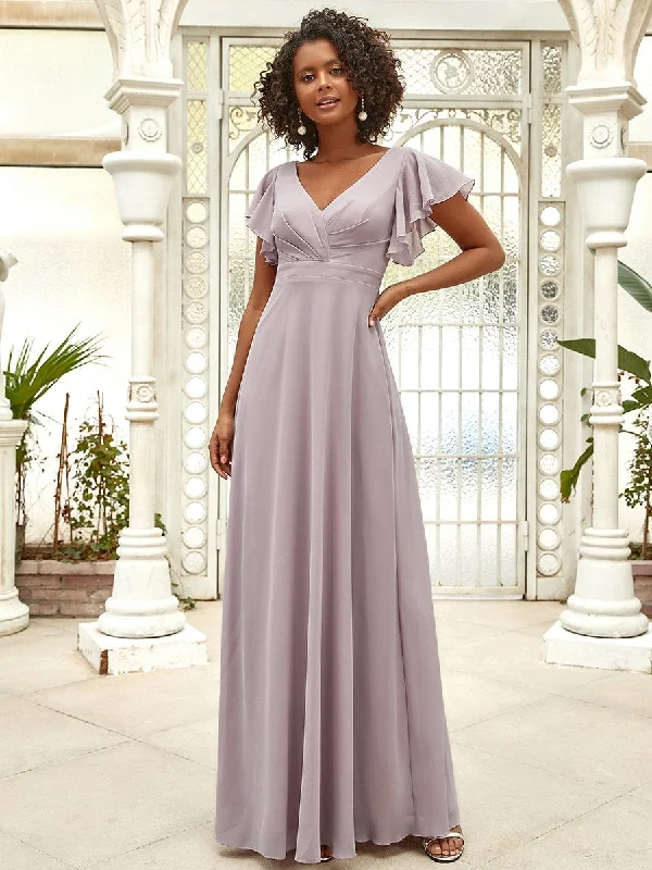 Short Ruffle Sleeve V-Neck Pleated Chiffon A-Line Evening Dress Lightweight party dresses for summer