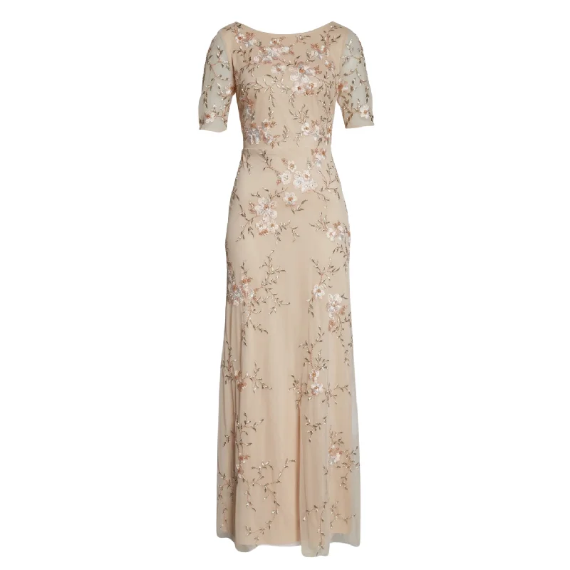 ADRIANNA PAPELL Long Mesh Floral Gown Taupe Size 8 Formal floral dresses