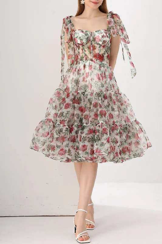 Corset Floral Print Organza Tiered Dress with Tie Straps Ruffled floral dresses