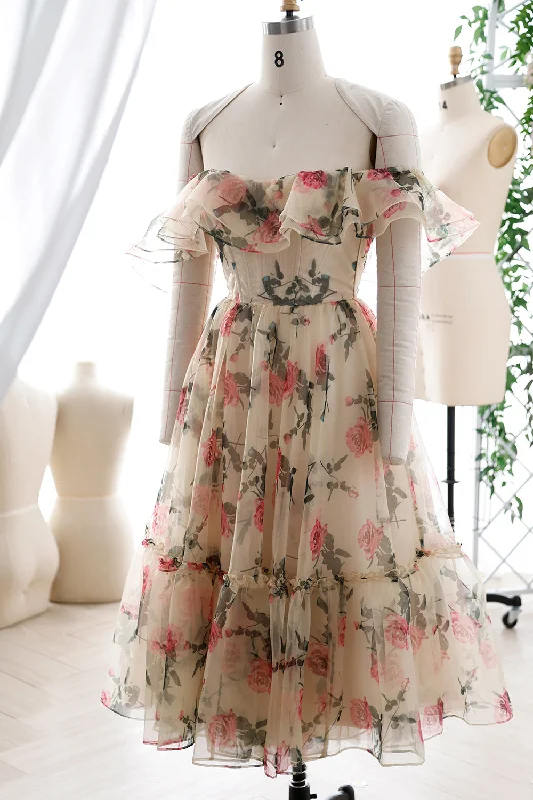 Corset Off the Shoulder Floral Print Organza Tiered Dress Maternity floral dresses