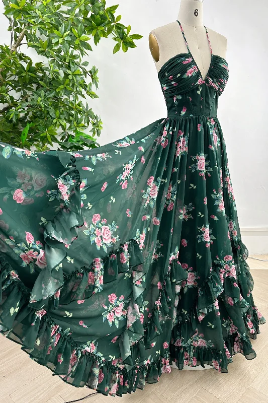 Halter V Neck Corset Floral Print Chiffon  Dark Green Dress Zara floral dresses