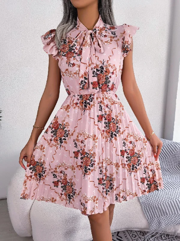 Pleated Floral Printed Tie Neck Knee Length Dress Lightweight floral dresses for hot weather