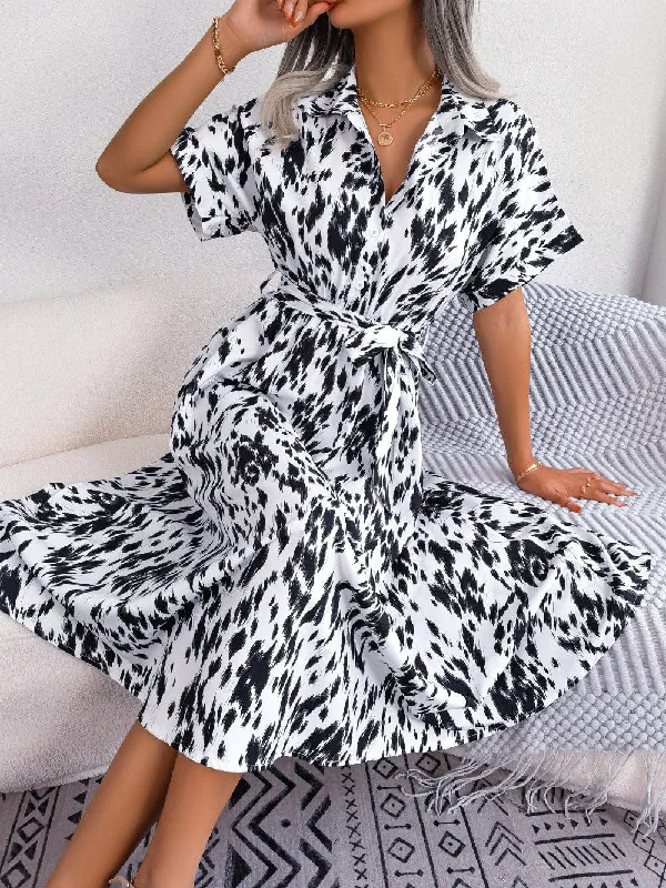 Printed Collared Neck Short Sleeve Tie Waist Dress Long floral dresses