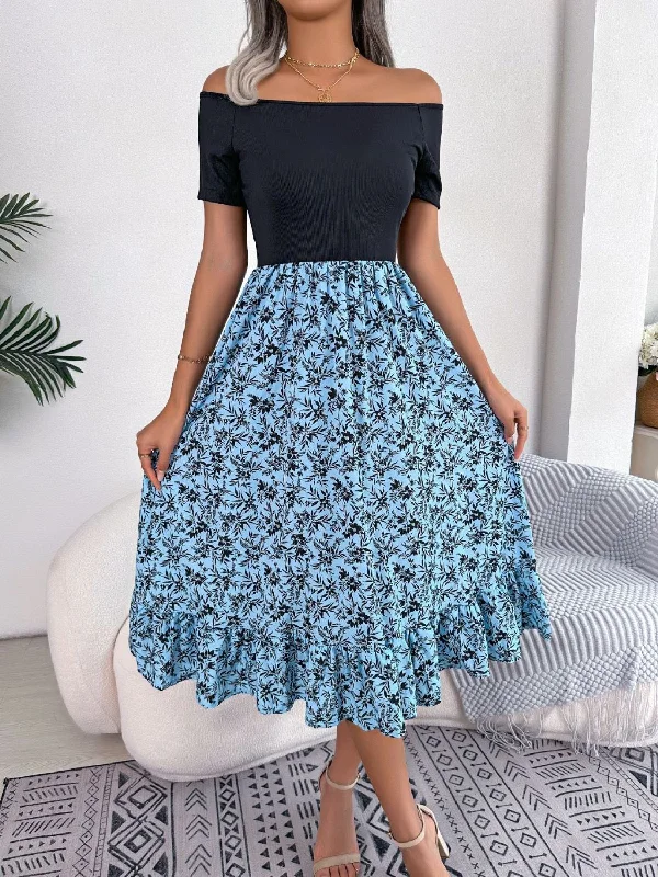 Printed Off-Shoulder Ruffle Hem Dress Cute floral print summer dresses