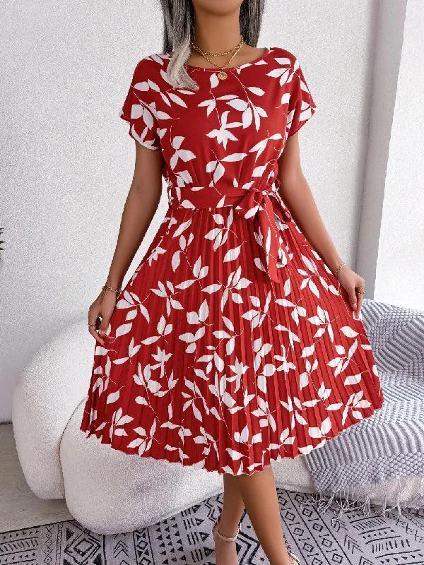 Printed Round Neck Short Sleeve Pleated Dress Girls' floral dresses