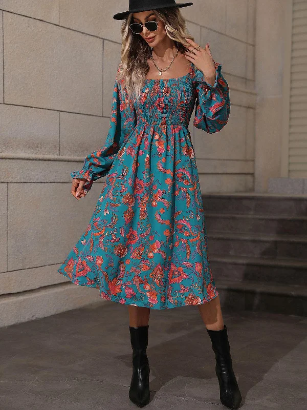 Printed Square Neck Flounce Sleeve Dress Elegant floral dresses