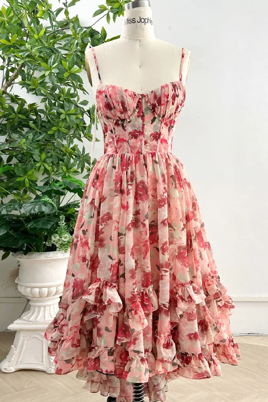 Spaghetti Straps Corset V Neck Floral Print Chiffon High Low Dress Cottagecore floral dresses