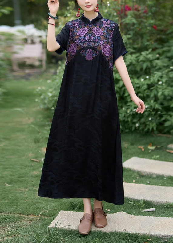 Black Bohemian Silk Dress Embroidered Stand Collar Summer WW1017 Monochrome unclassified dresses