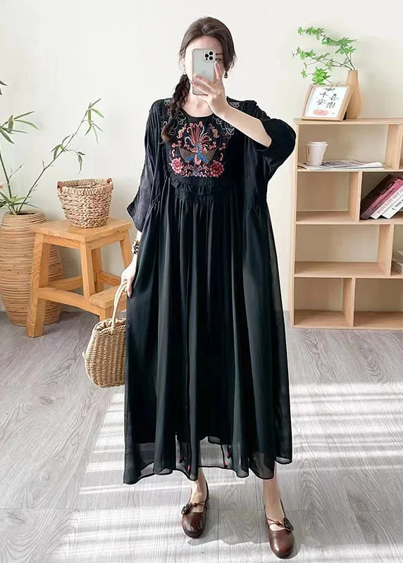 Boho Loose Black O Neck Embroidered Patchwork Silk Dress Summer WW1027 Luxury unclassified dresses