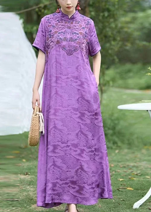 Chinese Style Purple Stand Collar Embroidered Silk Dress Summer WW1016 Tulle unclassified dresses