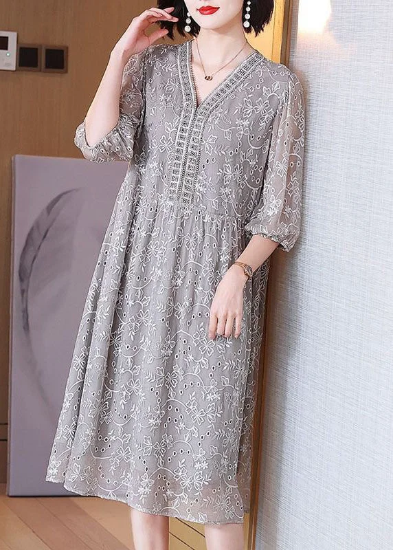 Elegant Grey Embroidered Nail Bead Patchwork Silk Dress Half Sleeve OP1054 Fashionable unclassified dresses