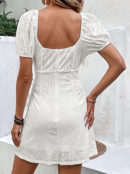 Front BowKnot Sweetheart Neck Eyelet  Puff Sleeve Dress HWFUW2CMB4 Off-shoulder unclassified dresses