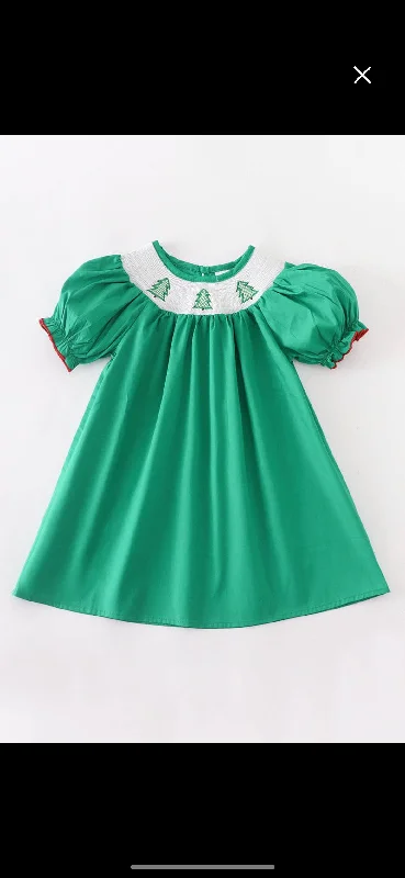 Green Christmas tree embroidered smoked  dress Mesh unclassified dresses