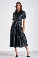 Jennifer Ruffle Sleeve Belted Vegan Leather Dress Summer unclassified dresses