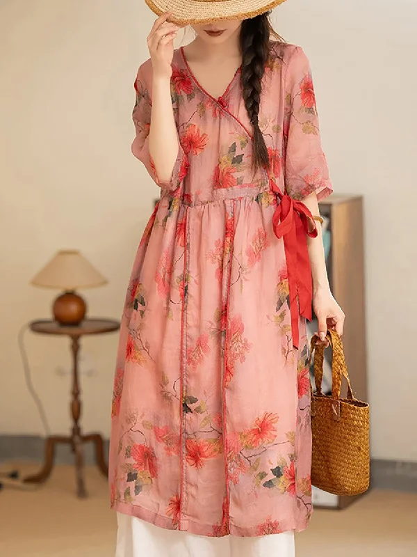 Women Summer Vintage Flower Strap V-Neck Ramie Dress AS1035 A-line unclassified dresses