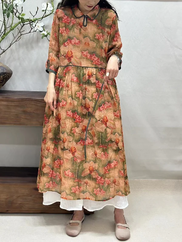 Women Summer Vintage Flower Turn-down Collar Ramie Dress BN1027 Flowy unclassified dresses