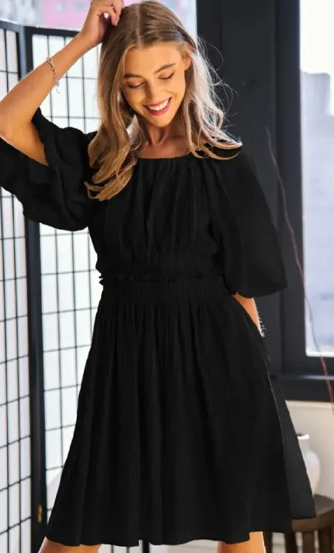 Black Puff Sleeve Back Button Dress A-line unclassified dresses