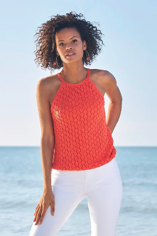 Crochet High Neck Tank Top Hot Coral Everyday Tank Dress