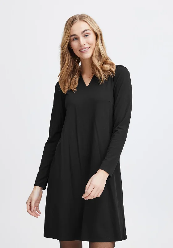 Fransa Jemma V-Neck Mini Jersey Dress, Black Raw Hem Mini Skirt