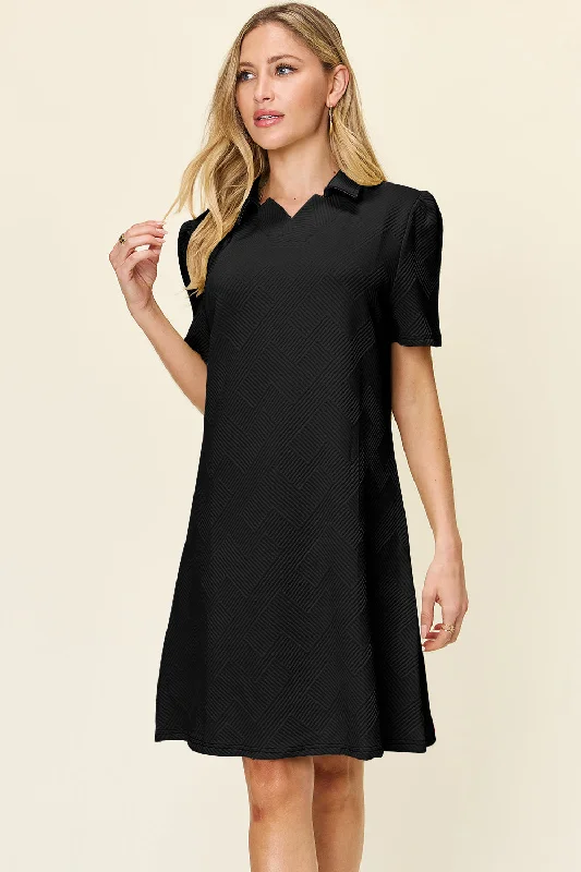 Full Size Texture Collared Neck Short Sleeve Dress Mini Skirt Look