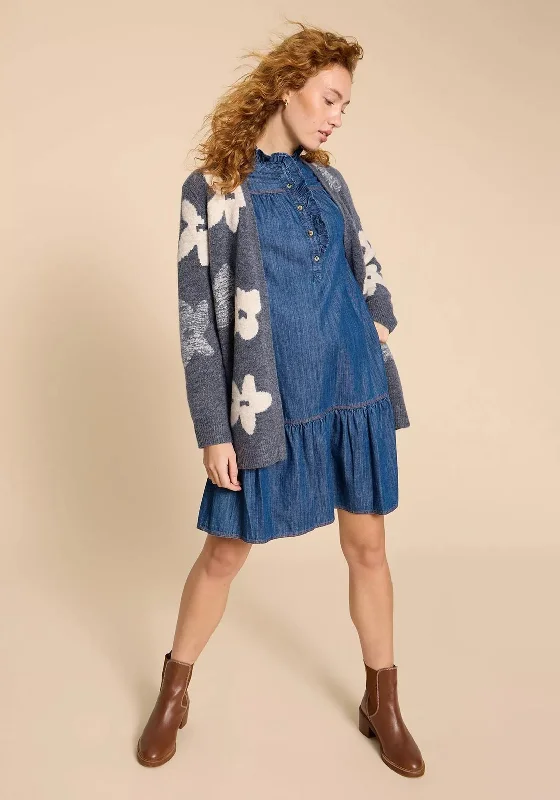 White Stuff Maisie Frill Detail Mini Denim Dress, Mid Denim Floral A-line Skirt