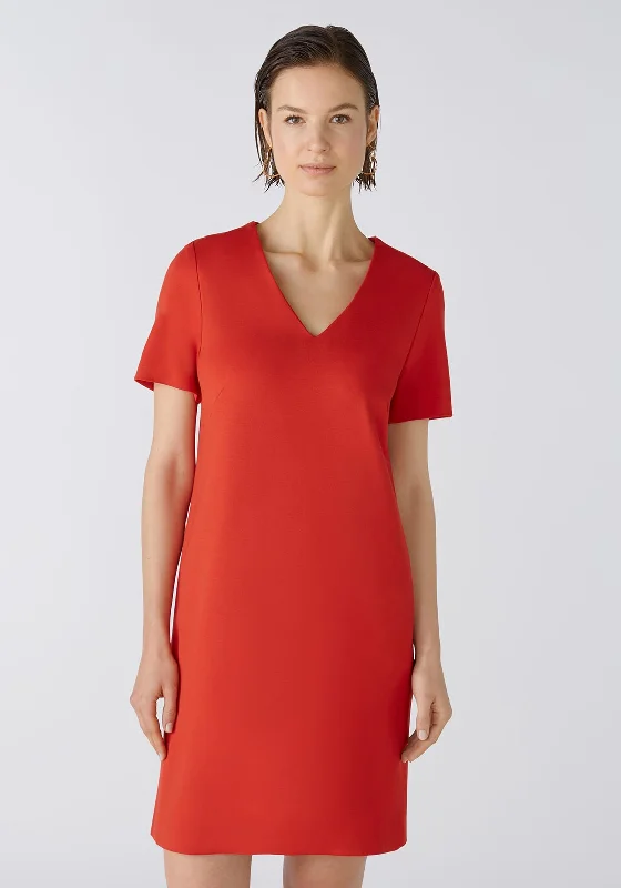 Oui V-Neck Heavy Jersey Straight Fit Mini Dress, Aura Orange Long-sleeve Mini Skirt