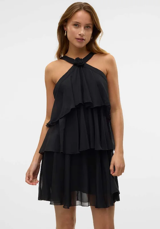 Vero Moda Felicia Ruffle Short Duffle Dress, Black Boho Chic Mini Skirt