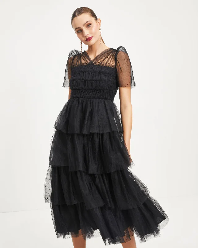 Night At The Opera Tulle Tiered Polka Dot Maxi Dress Layered Maxi Skirt