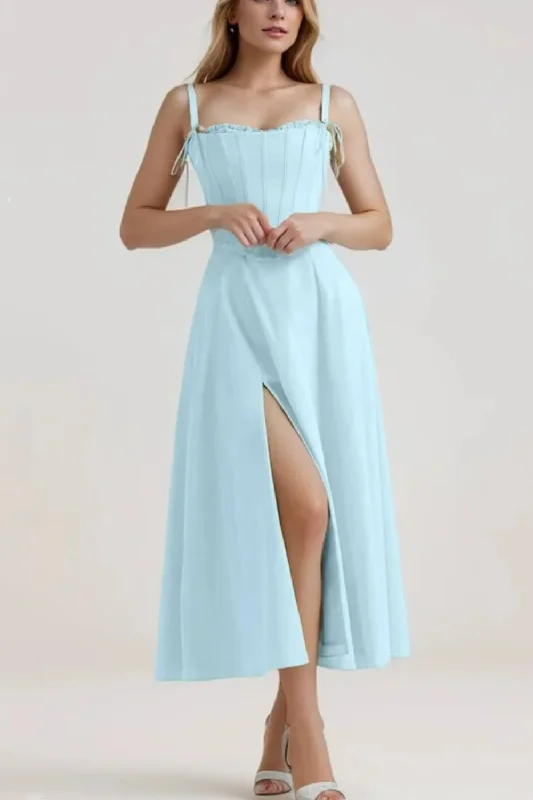 Aqua blue Hem Slit Swing Midi Dress With Bow Strap Slim Corsets Crop Top Fairy Soft A-line Skirt