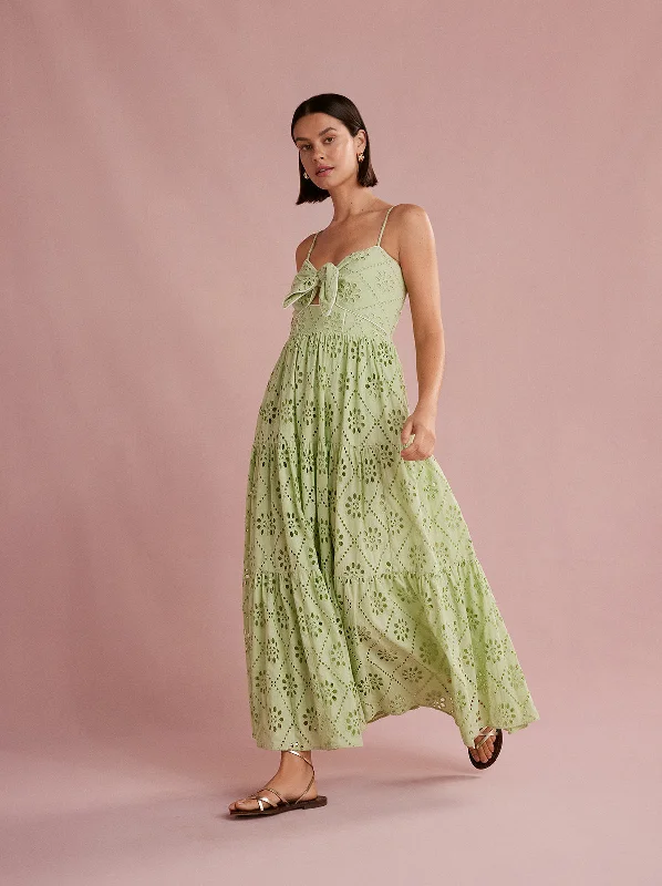 Immy Pistachio Broderie Midi Dress Soft Denim Midi