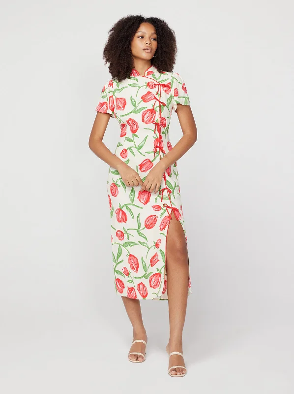 Leia Ivory Tulip Print Midi Dress Slim Fit Midi