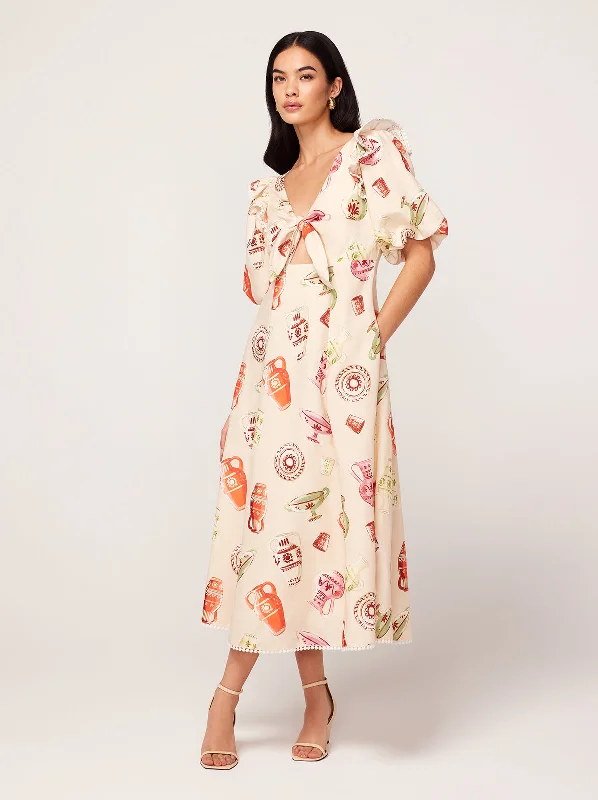 Pia Ivory Pottery Print Midi Dress Bohemian Midi Skirt