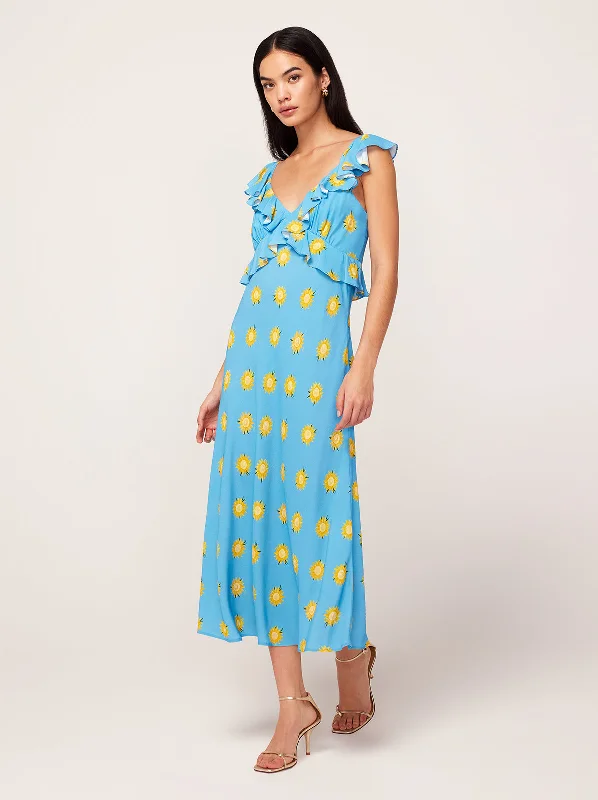 Rosemary Blue Sunflower Print Midi Dress Plain Midi Skirt