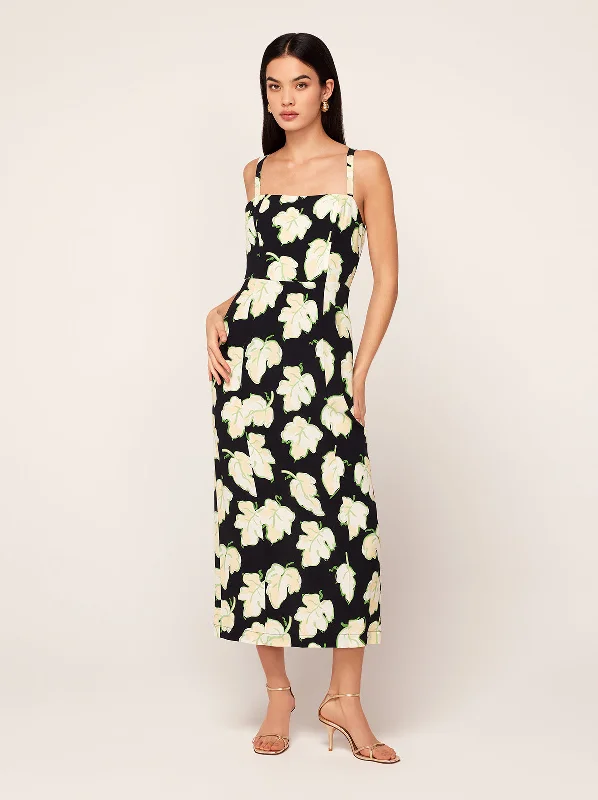 Ursula Black Vine Leaf Midi Dress Long Midi Skirt