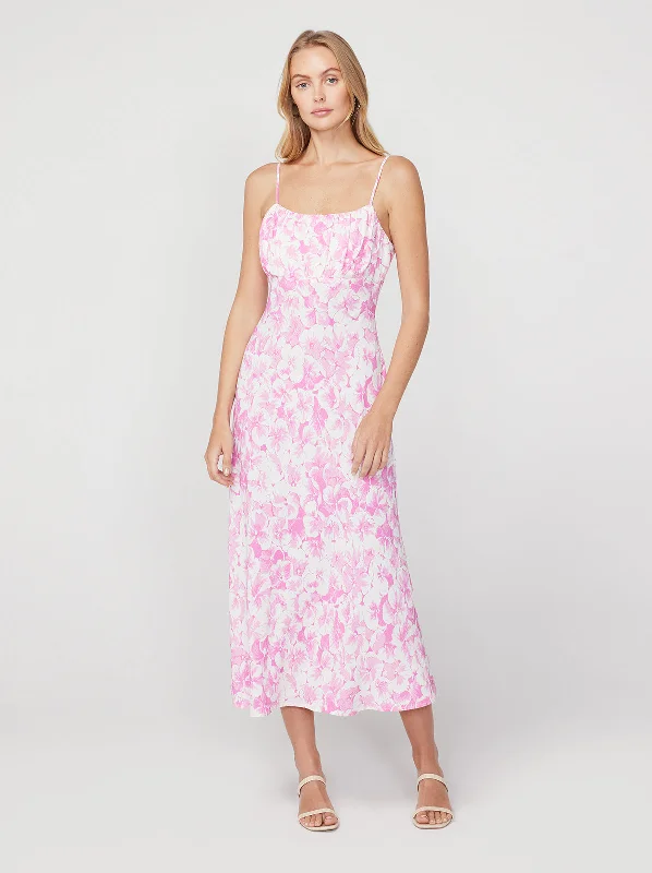 Velma Pink Pansy Print Midi Dress Floral A-line Skirt