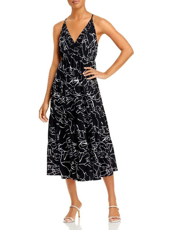 Womens Sleeveless Calf Midi Dress Printed Satin Midi