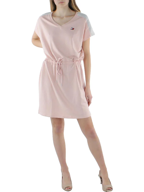 Womens Tie Waist Midi T-Shirt Dress Stylish Pleated Skirt