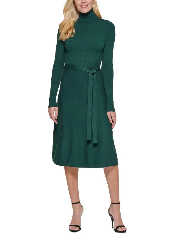 Womens Turtleneck Midi Sweaterdress Satin Midi Skirt