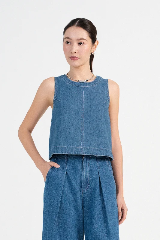 [Petite] Sam Sleeveless Denim Shift Top Denim Skirt Flare