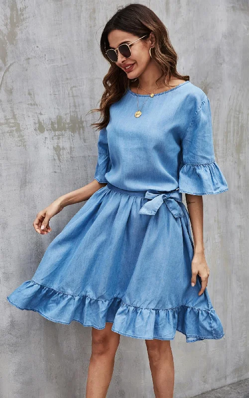 Ruffled Sleeve Denim Dress In Blue White Denim Skirt