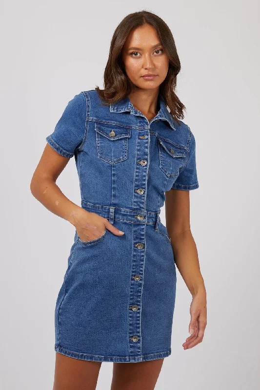 Shay Mid Blue Denim Dress Elastic Waist Denim Skirt