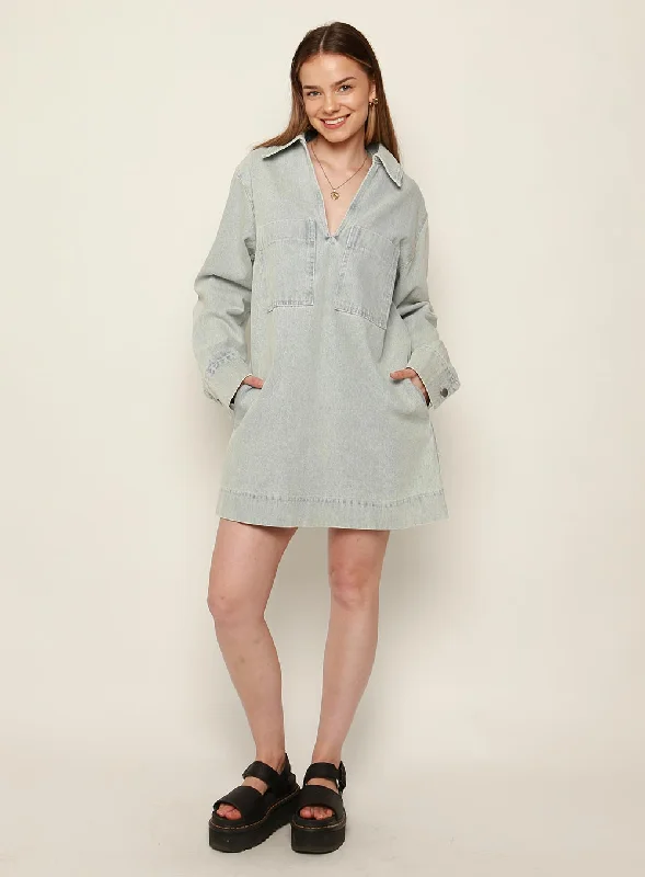 Tara Long Sleeve Dress-LIGHT DENIM Denim Skirt Chic